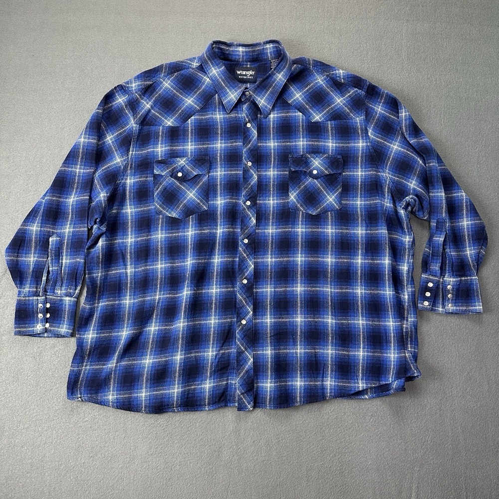 Wrangler Mens 4XL Flannel Shirt Blue Gray Plaid Pearl Snap Long Sleeve Western